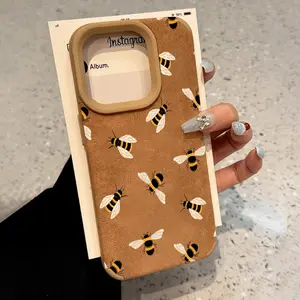 Luxury Matte Lambskin Faux Leather Phone Case for iPhone 15 Plus 16 Pro Max 14 13 12 11 XR XS Fashion Bee Pattern Shockproof Silicone TPU Bumper Drop Protection Soft Cover