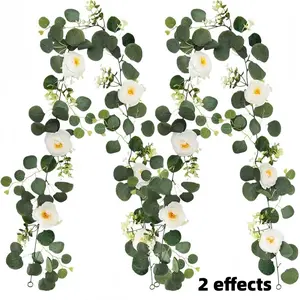 2pcs 5.74ft Artificial Eucalyptus Garland with Rose Flowers, Floral Garland Wreath Vines Decorations for Table Home Wedding Mantle Party
