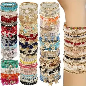 24/48pcs Mix Bohemian Beaded Bracelet for Girl - Stackable Elastic Wristband, Glass Beads & Vibrant Colors, Layered Bead Design, Elastic And Comfortable Fit, Beach Festival Daily Jewelry Gift Set, Wearable All Year Round, for Teenager