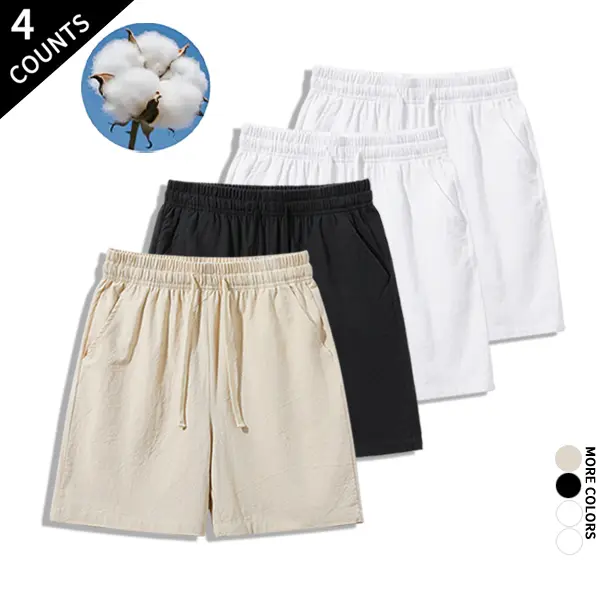 Men's 4-Piece Breathable Cotton-Linen Shorts, Elastic Waist Baggy Drawstring Casual Bottoms, Baggy Drawstring Men's Shorts