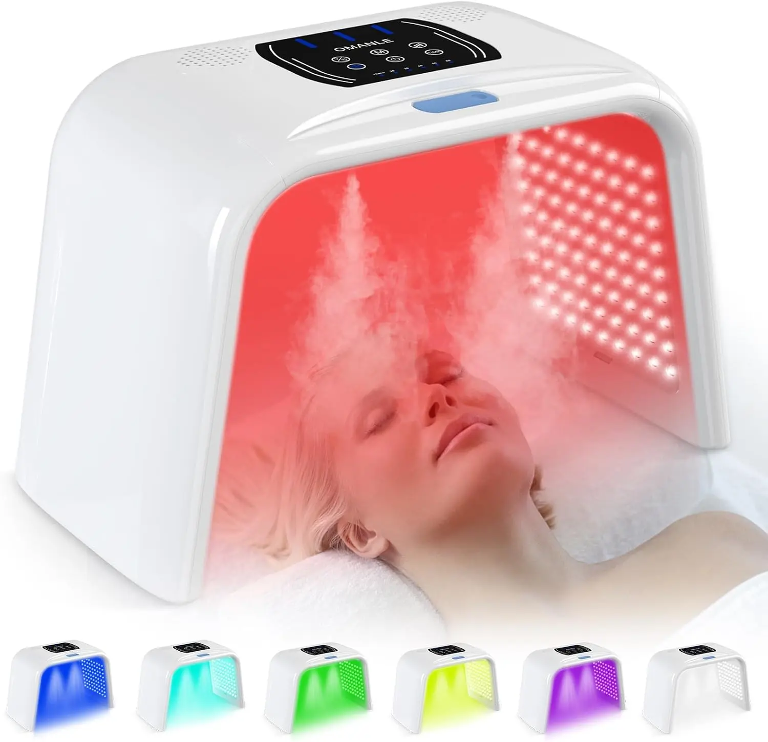 SERFORY LED light therapy facial treatment, 7-color cycle with adjustable brightness, includes red light spray function, suitable for beauty salons and home spas.