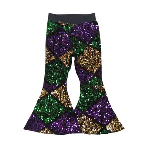 Girls' Mardi Gras Carnival Sequin Costume Pants - Yellow, Purple, Green, Lightweight Premium Fabric Bottoms for Mini Fashionistas' Birthdays