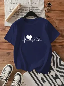 Women's Heart Puzzle Ecg Combination Geometric Print Fitted Short Sleeve Top, Casual Style for All Seasons, New Arrival, Everyday, Womenswear