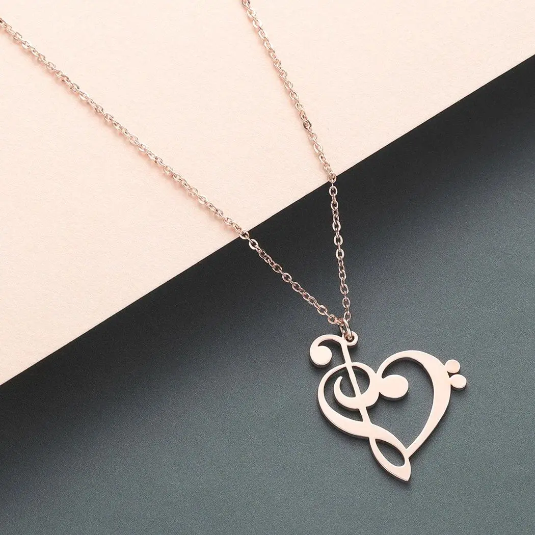 Kinitial Simple Design Treble and Bass Clef Heart Pendant Necklace Chain for Gift Charm Heart Music Teacher Necklaces Jewelry