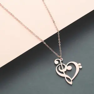 Kinitial Simple Design Treble and Bass Clef Heart Pendant Necklace Chain for Gift Charm Heart Music Teacher Necklaces Jewelry
