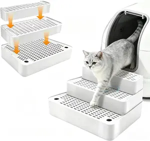 Adjustable 3 Steps Cat Litter Box Step, Litter Box Ramp with Filter Function, Non-Slip, Easy to Clean,Cat Litter Stair for Small & Elderly Cats (Light Grey)