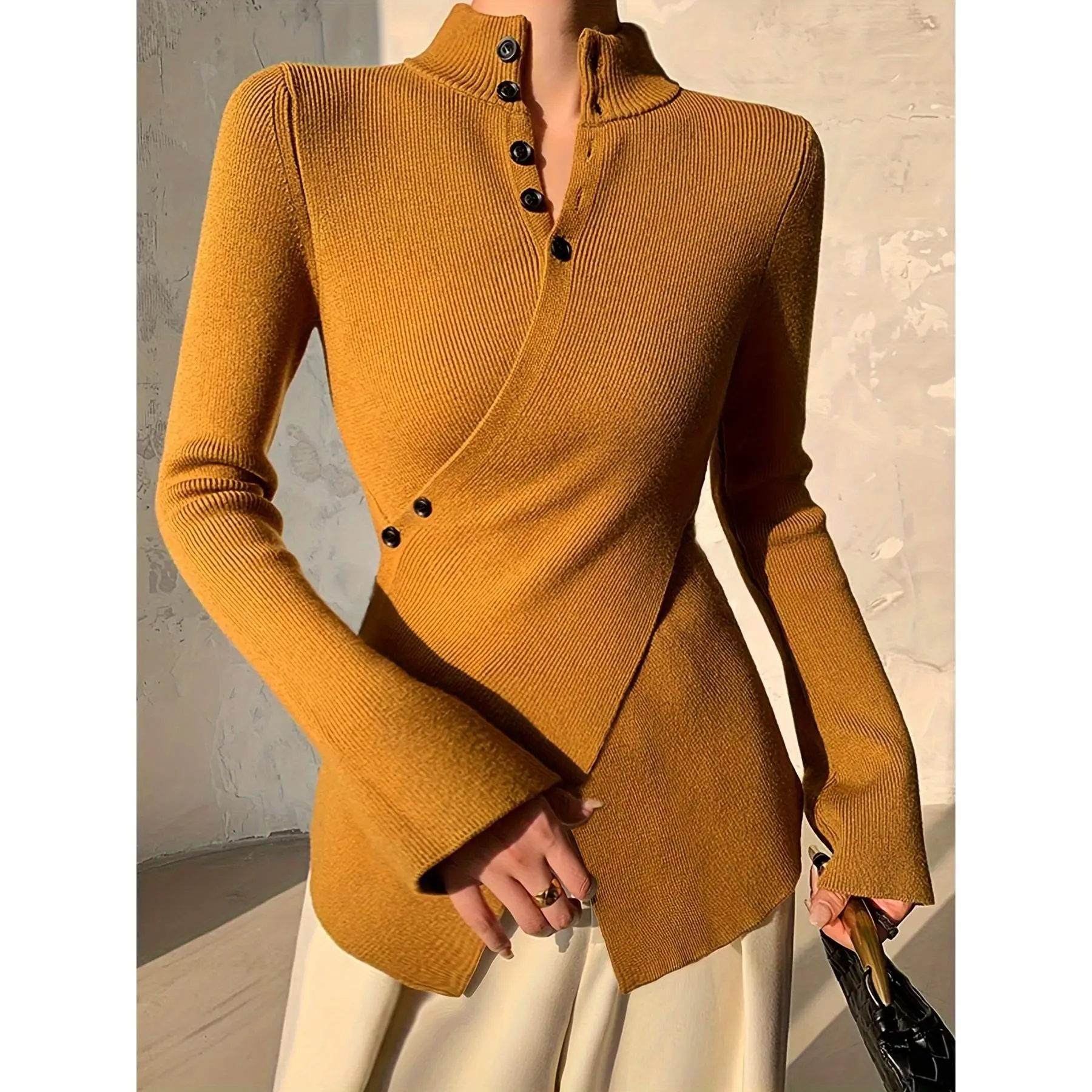 Elegant Crisscross Notch Neck Acrylic Sweater - Long Sleeve, Mid Elasticity, Button Decor, Solid Color, Hand Washable - Perfect for Spring & Fall, Womens Customized Knit Fabric Clothing