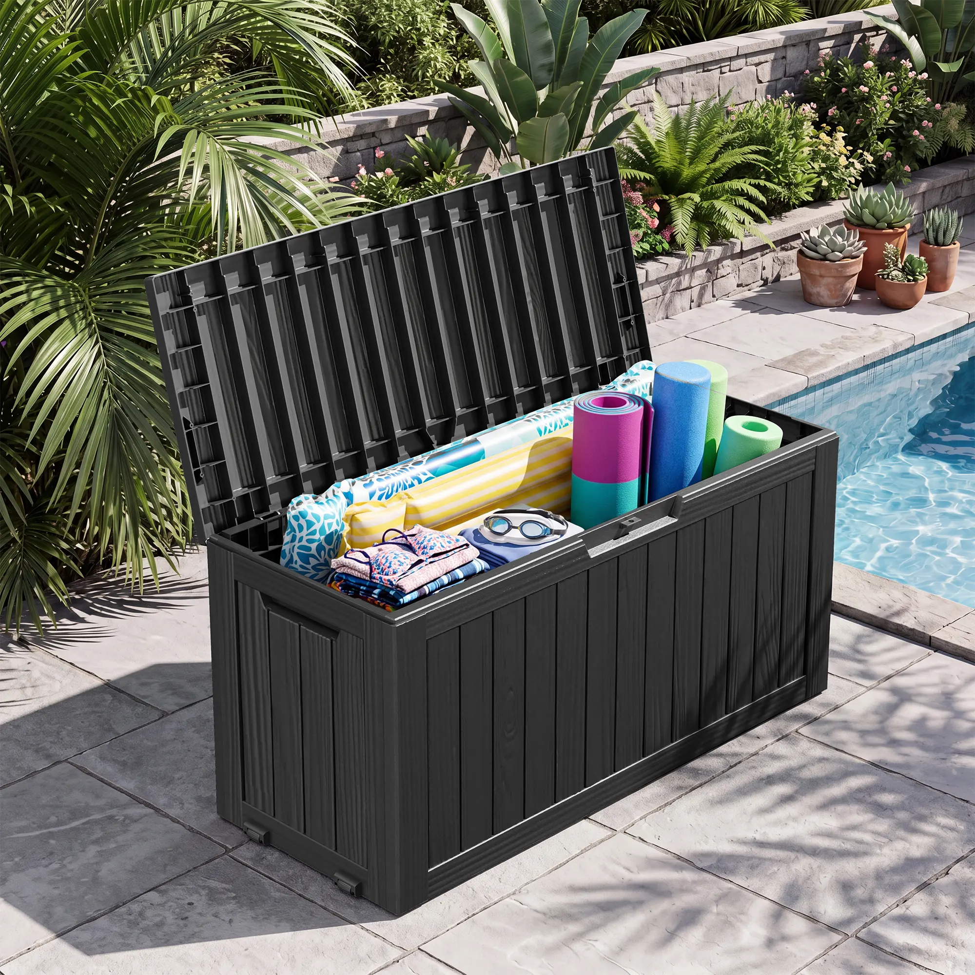 LHBCRAFT  72 Gallon Large Outdoor Storage Box, Lockable UV Resistant Patio Deck Box, Waterproof Storage Container Can Be Used as Seat