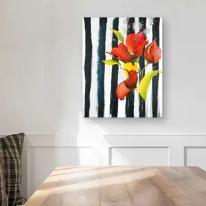 Begin Home Decor C1MP1620LJBME2 16 x 20 in. Flowers On Black & White Stripes Wall Art - Bedroom Metal Print