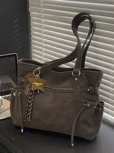 Women's Vintage Large Capacity Tote Bag, Pentagram Pendant Drawstring Design Casual Daily Shoulder Bag, Stylish and Practical Handbag