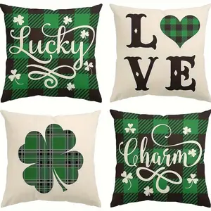 4pcs, St. Patrick'S Theme Day Throw Pillow Covers, Green Plaid & Lucky Shamrock Design, Home Décor Products, Cushion Cover Decoration for Couch Sofa, Room Decor and Bedroom Decor, Suitable for Spring Decoration, Single Sided Printing, No Pillow Core