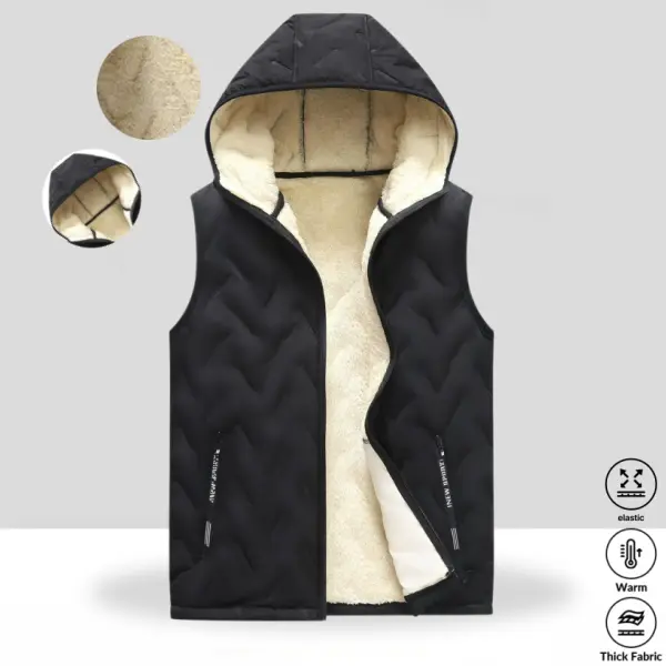 Men’s hooded vest—sleeveless, fleece-lined, with wave-patterned heat-pressed seams; a relaxed vibe casual top with a smooth, flat exterior fabric paired with a thick plush lining for a soft, refined feel. Zip closure design for easy on/off. Wave texture h