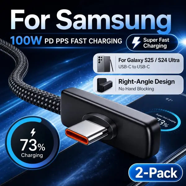 2-Pack 100W Durable Braided Right Angle Cable (Dual USB-C Plug) - PD PPS Fast Charging Gaming Cord for Samsung Galaxy S25/S24/S23 & Android Devices, No Hand Blocking Electronic Phone Accessories for Gaming Users