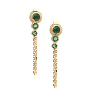 Triple Emerald Earrings with Chain in 14K Yellow Gold