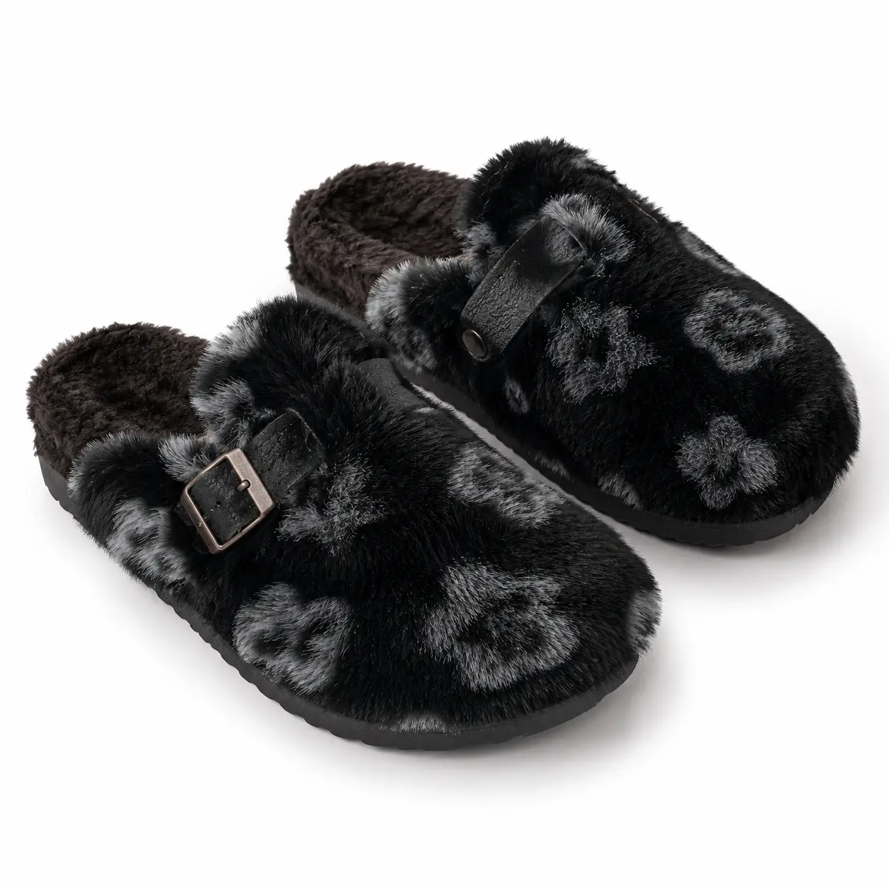 Faux Fur Slide Sandals for Women, Soft Plush Buckle Slippers, Cozy Casual Shoes