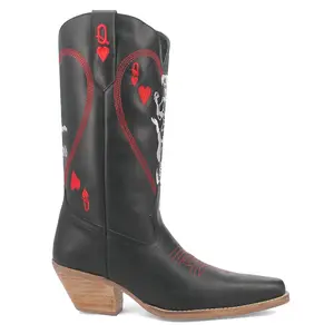 Dingo Womens Queen A Hearts Embroidered Round Toe Pull On Casual Boots Mid Calf Mid Heel 2-3" - Black