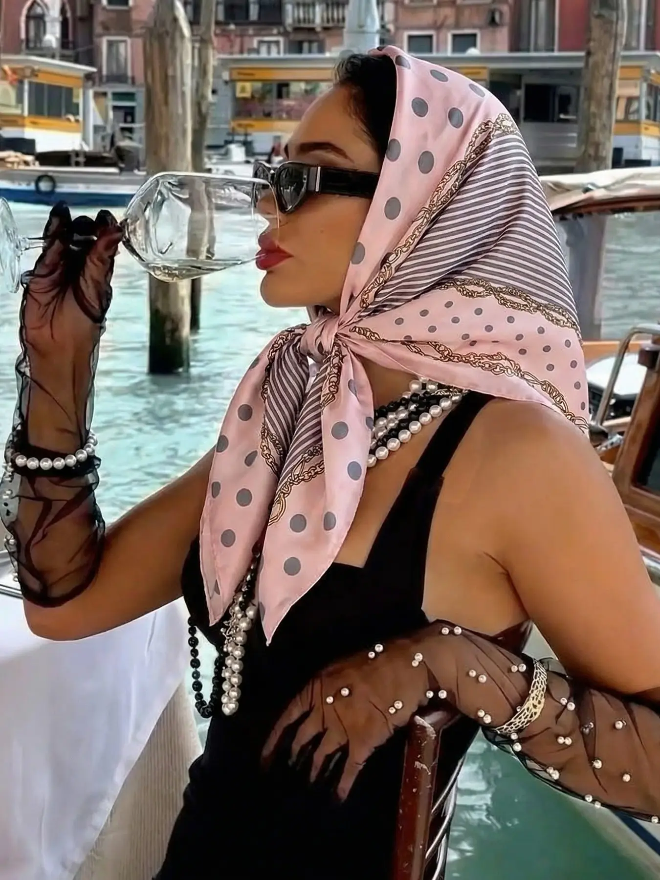 Fashionable Polka Dot Chain Striped Bandana, Versatile Colorblock Headscarf, Commute & Travel Accessory, Decorative Hijab Scarf, Decoration Scarf, Summer Scarf