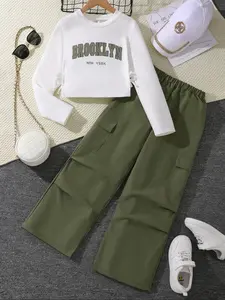 Two-Piece Set Toddler Girl's Letter Print Tee & Cargo Pants, Casual Long Sleeve Top & Pants for Fall & Winter, Kids Clothes for Daily Wear, Casual Fashion Set