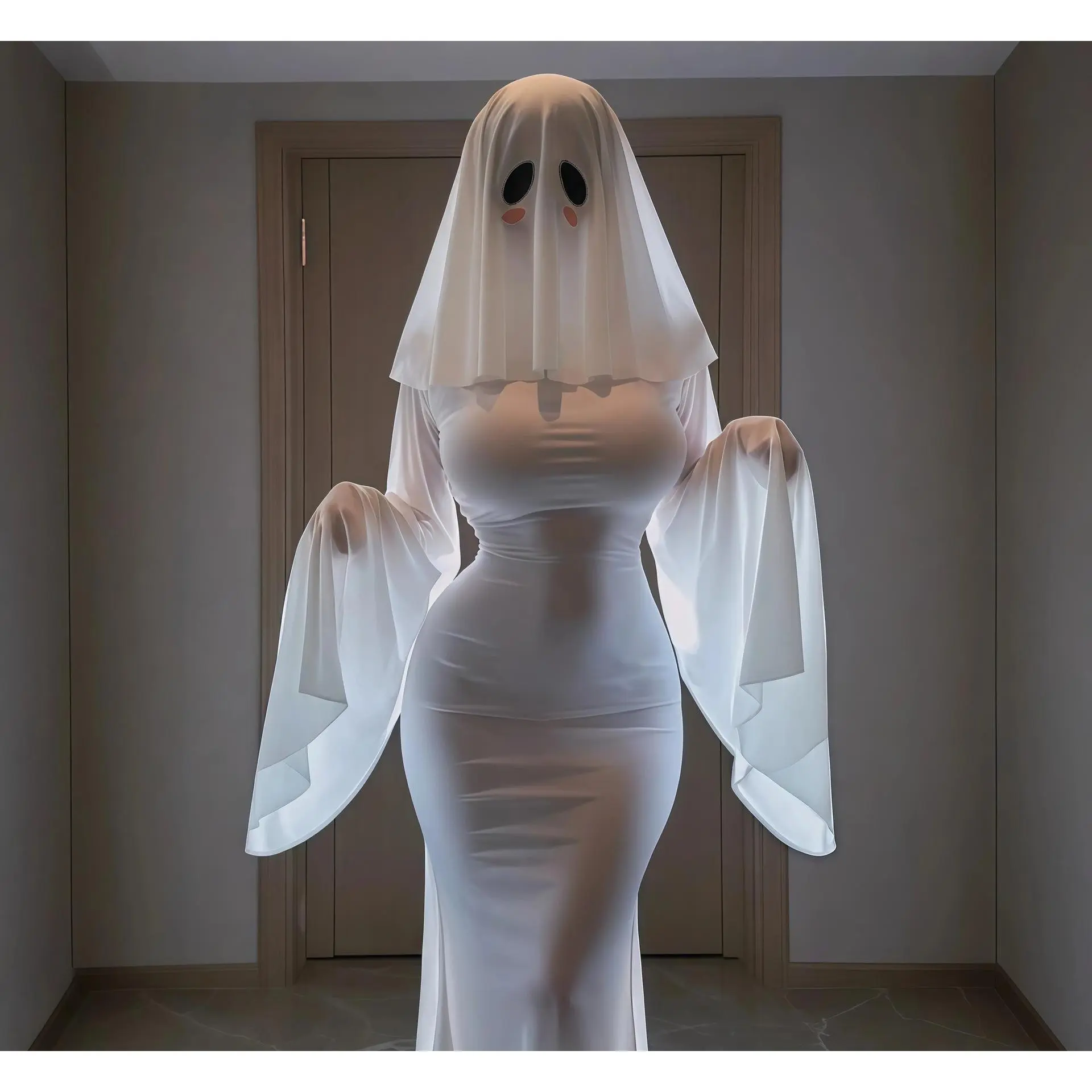 Women's Ghost Girl Halloween Costume - Sexy Hooded Polyester White Dress with Mask, Chain Accessories for Cosplay, Halloween Last Minute Costumes, Cosplay Gear