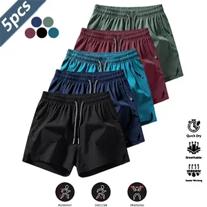 Men's 5-Pack Casual Athletic Shorts - Drawstring Active, Breathable Fitness, Solid Sports, Running Workout Styles, Wrinkle-Resistant Polyester Blend, Loose Fit, Quick Dry, Minimalist Design for Gym, Outdoor Activities, Breathable Fitness Shorts