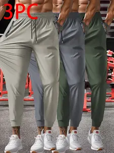 3-Pack Men’s Casual Sports Pants — Jogger Style, Ice Silk Breathable Cool Touch, Cooling & Refreshing, Stretch, Quick Dry, Solid Color, Versatile for Outdoor Cycling, Running, Fitness Training