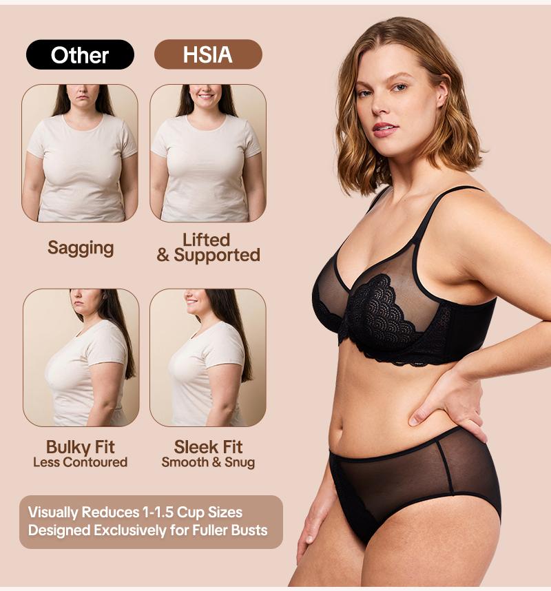 【2 PACK】HSIA Mermaid Scales Unlined Plus Size Full Coverage Underwire Support Minimizer Bra Elegant Non Padded Sheer Lace Breathable Mesh Adjustable Comfort Straps Lift Bra Back Smoothing Daily Lingerie for Big Bust Women