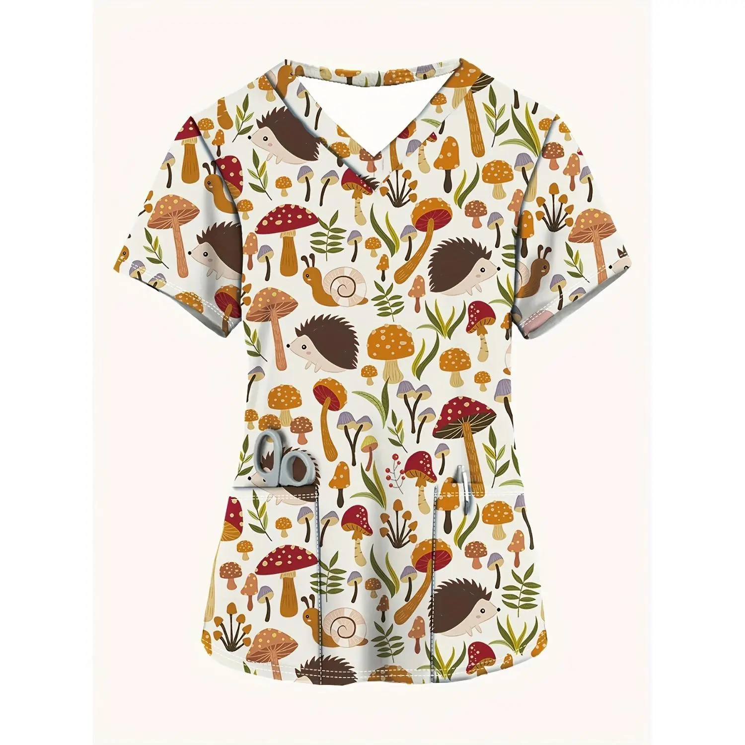 Chic Short-Sleeve V-Neck Women's Top with Adorable Hedgehog and Mushroom Print, Ideal for Casual Comfort as a Nurse Uniform with Pockets