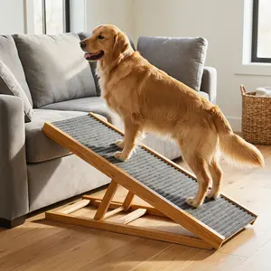 YJ-Garvee Foldable Adjustable Dog Ramp for Bed, Couch, and Car - Wooden Portable Ramp with Anti-Slip Surface, Height Adjustable from 12" to 16", Supports Dogs up to 110 LBS