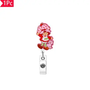 Strawberry Doll & Cat Glitter Badge Reel, ID Card Holder, Nostalgic Sweet ID Clip, Perfect for Strawberry Doll Supporters, Cute Accessory