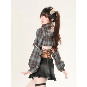 Y2k High Quality Hot Selling Wholesale Retro Plaid Personalized Shirt Women's Long Sleeved Shoulder Cinched Waist Top Blouses Y2k Womenswear Blue