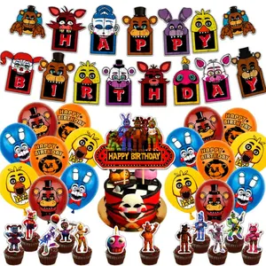 New FNAF Toys “Five Nights at Freddy’s” Palace birthday decoration set featuring a bear—includes children’s party balloons, a flag banner, and cake toppers