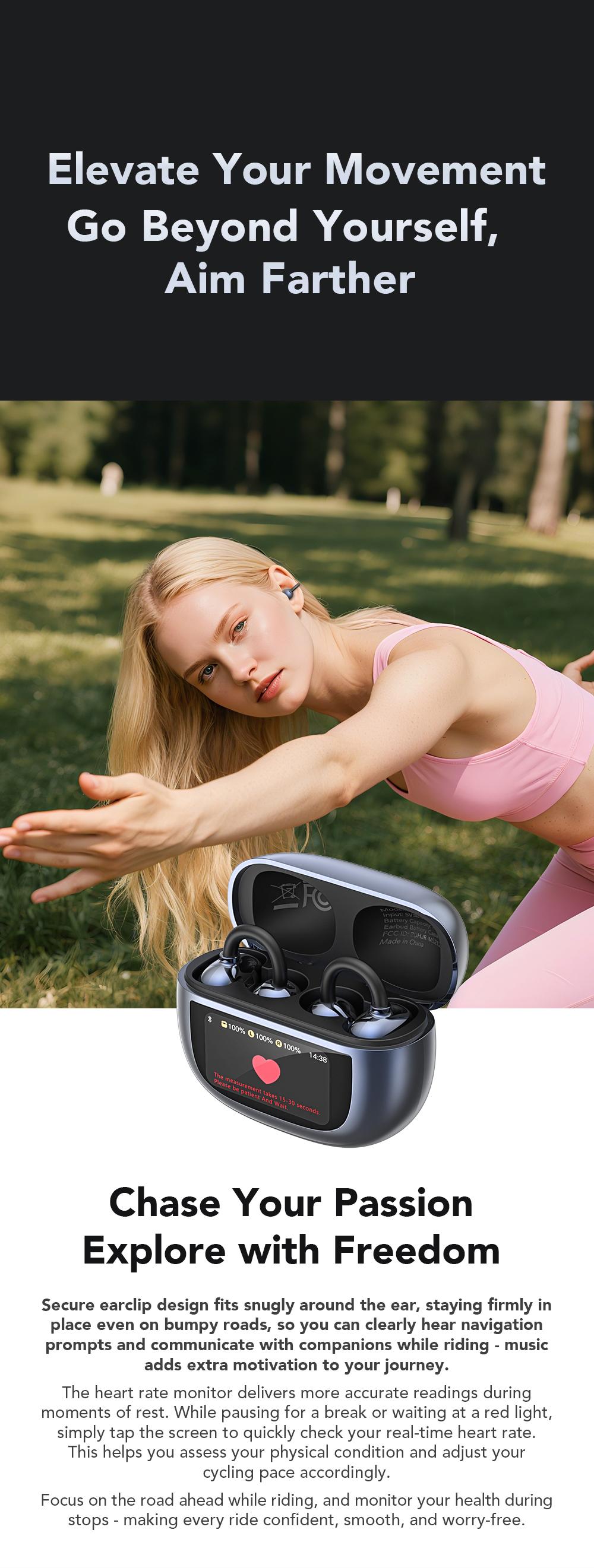 MINISO MS212 Clip-On Ear Headphones with Heart Rate Monitoring Wireless Audio Headphones for Music & Phone Calls, IPX5 Sport Waterproof & Sweatproof, with LCD Full Color Touch Screen, Bluetooth 6.0 Headsets, Heart Rate Health Management