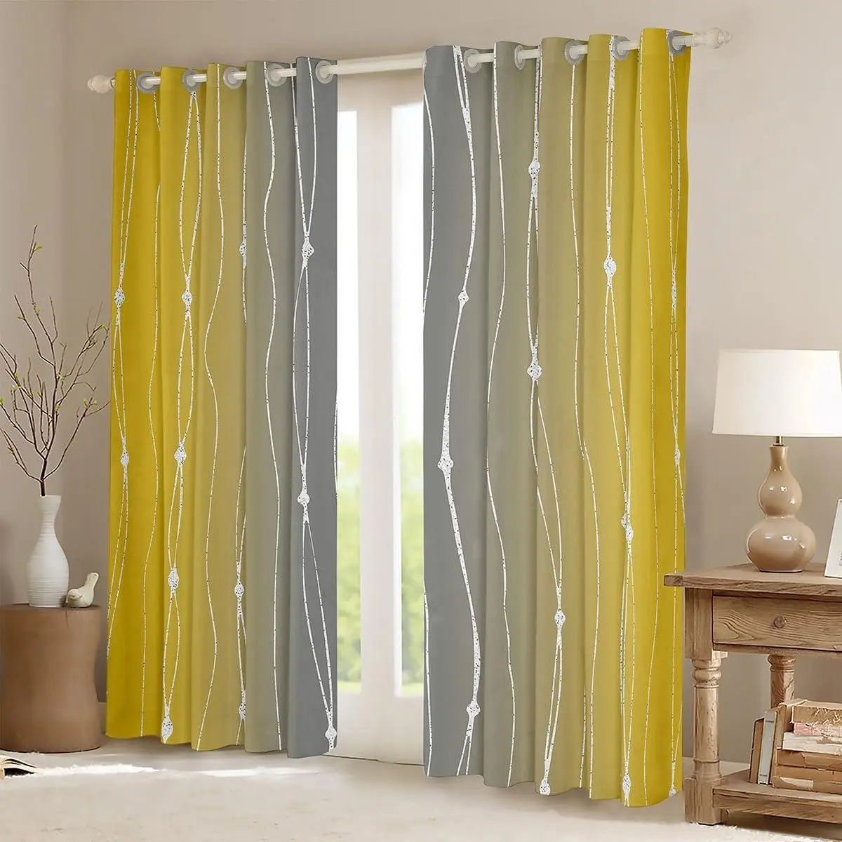 Yellow and Grey Ombre Curtains & Drapes Aesthetic Gradient Curtains,Abstract Geometric Stripes 50% Blackout Curtains Colorful Watercolor Window Treatments