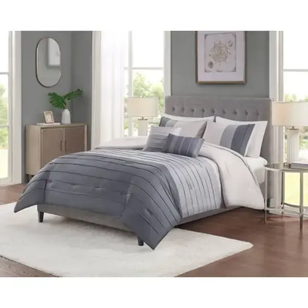 5-Piece Boston Pleated Colorblock Comforter Bedding Set, King-Size Bedding Sets for Bedroom, Comforter Set King