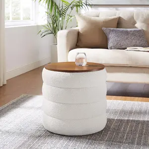 Modway Mezzo Round Boucle Fabric Storage Ottoman in Cloud