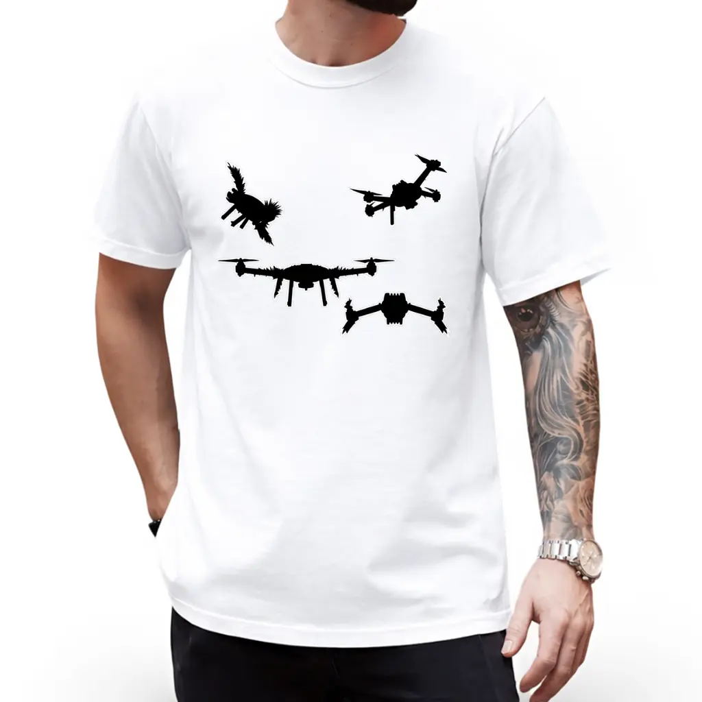 Men's 100% Cotton Drone T-Shirt - Retro Drone Silhouette Print, Breathable Soft Lightweight Short Sleeve Round Neck Casual Top Suitable for - Wear, Gift for Him for Drone Enthusiasts