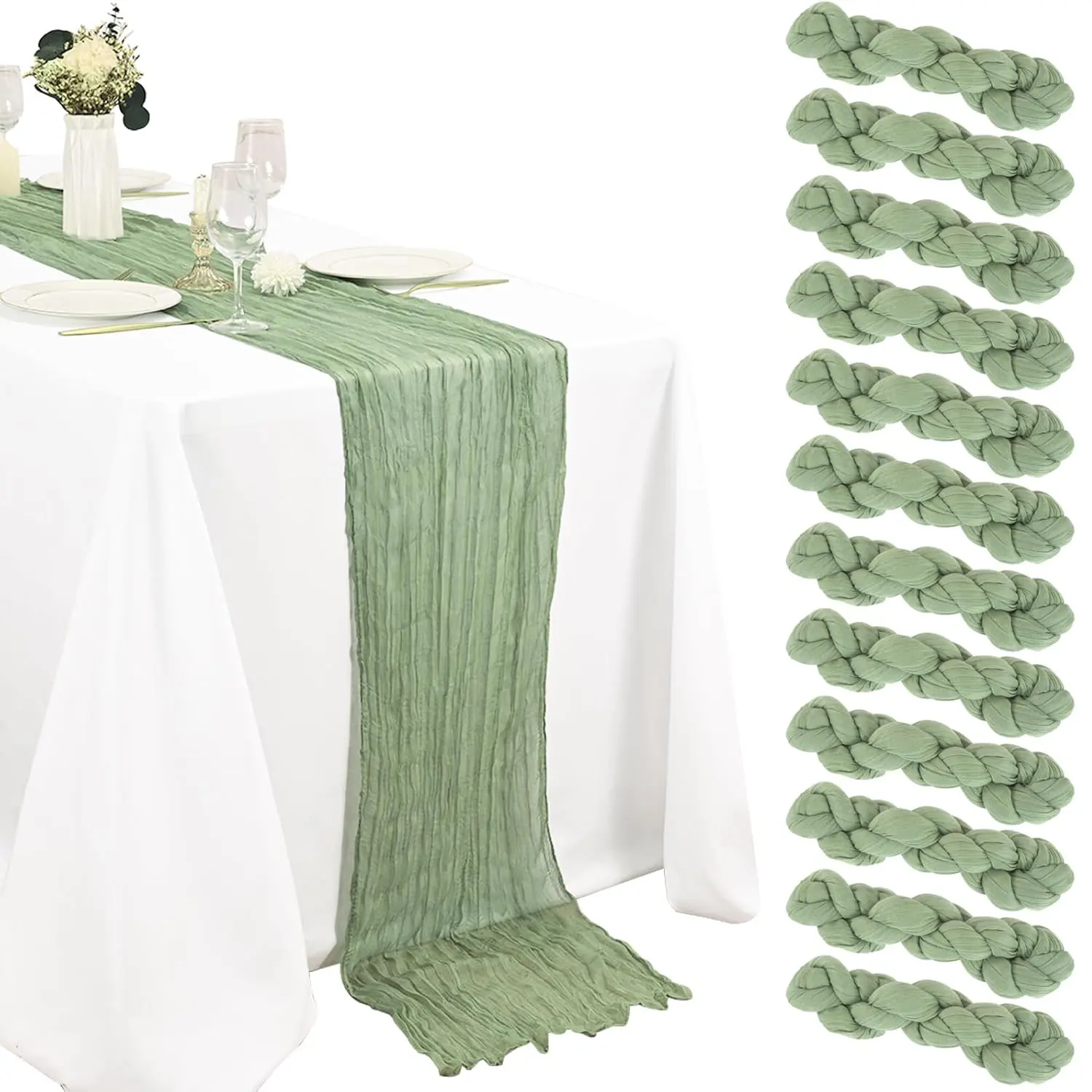 6/10 Pack Sage Green Cheesecloth Table Runners 17x108 Inch Gauze Table Runner Cheese Cloth 9FT Green Table Runner Rustic Sheer Runner for Wedding Baby Shower Birthday Party Table Decor