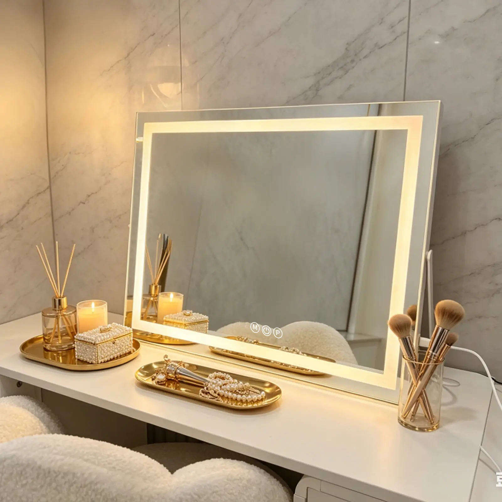 INMTFEI 58x46cm Large LED Hollywood Vanity Mirror with 3 Color Lights, 5X Magnifying Mirror, Foldable Makeup Mirror for Bedroom