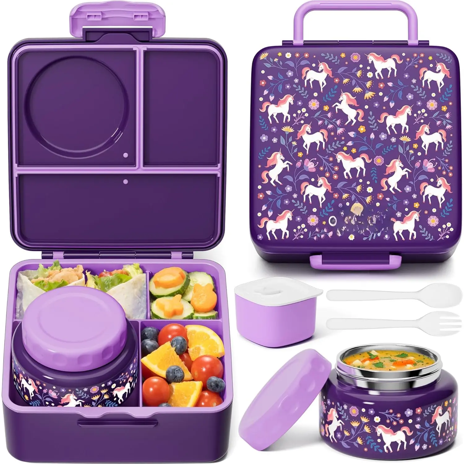 Bento Box for  Adult,  & Leakproof  Lunch Box with 8.5oz Insulated Thermos  Jar, Utensils & Sauce Jar, Dishwasher Safe 3 or 4 Compartment Container for School Girl Boy