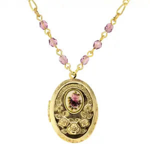 1928 Jewelry Manor House Pink And Purple Flower Beaded Locket Necklace 18" + 3" Extender