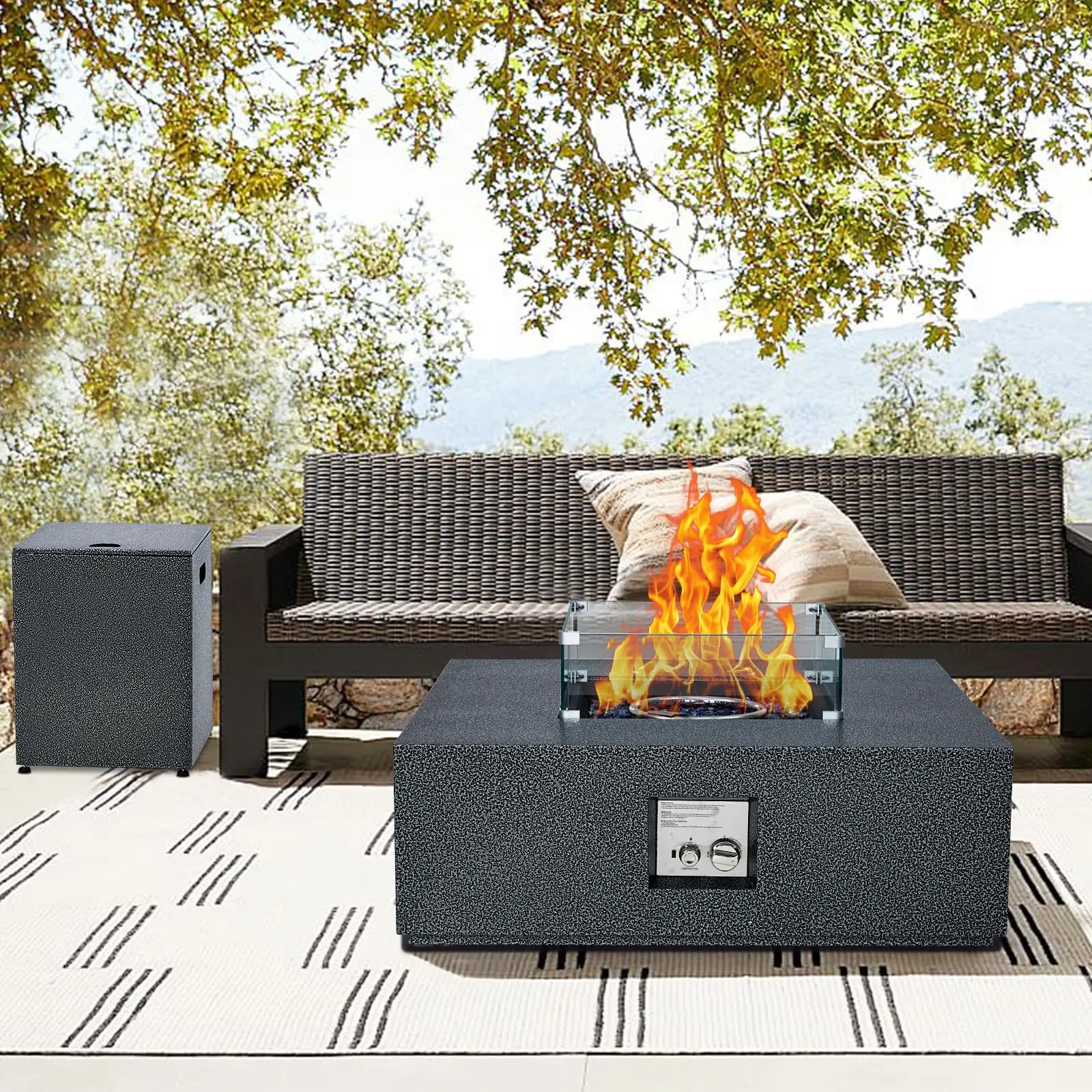 GARVEE 2-Piece Outdoor Propane Firepit Table Set w Tank Table, 36 inch Square  Fire Table 50,000 BTU w 16 inches Tank Side Table, Wind Guard, Lava Rocks & Rain Cover for Garden, Pool, Porch, Backyard