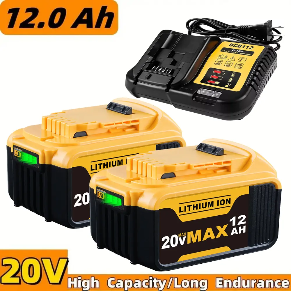 2/1-Pack 12.0Ah DCS Cells High Capacity Lithium Ion Replacement Batteries & DCB112 Charger Combo for Dewalt 20V MAX Cordless Tool Accessories, Compatible with DCB200, DCB205, DCB206 Series Power Tools, with Advanced Safety Features