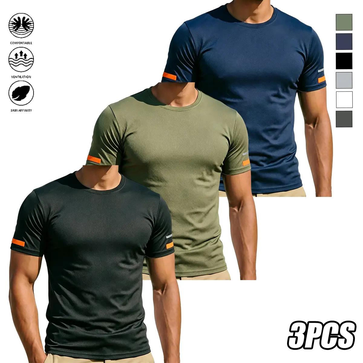 Men's L T-Shirts 3-Pack, Solid Polyester Crew Neck Performance Tops, Quick-Dry Vented Fabric for Gym & Sports, Men's T Shirts, Crew Neck Sportswear