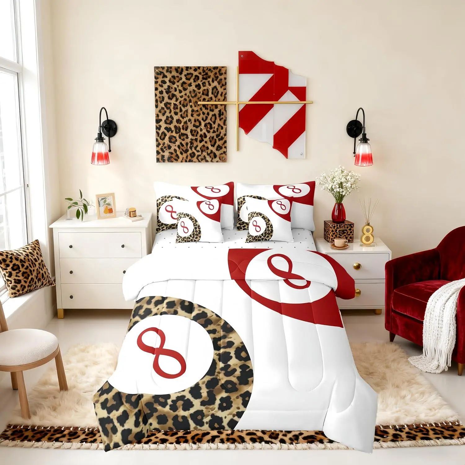 Feelyou Microfibre 7-Piece Lucky 8 Ball Animal Print Bedding Set - Leopard Blanket, Preppy Cheetah Y2K Coquette Decor, Breathable All-Season White Red Brown, Fitted/Flat Sheets, 2 Pillowcases, 2 Throw Pillow Covers, Machine Washable, Single & Multi-Size