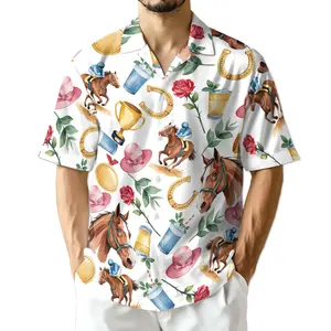 Kentucky Derby Hawaiian Shirt for Men – Horse Racing Trophy Mint Julep Print Button Up, Summer Beach Shirt, Derby Party Outfit, Vacation Shirt
