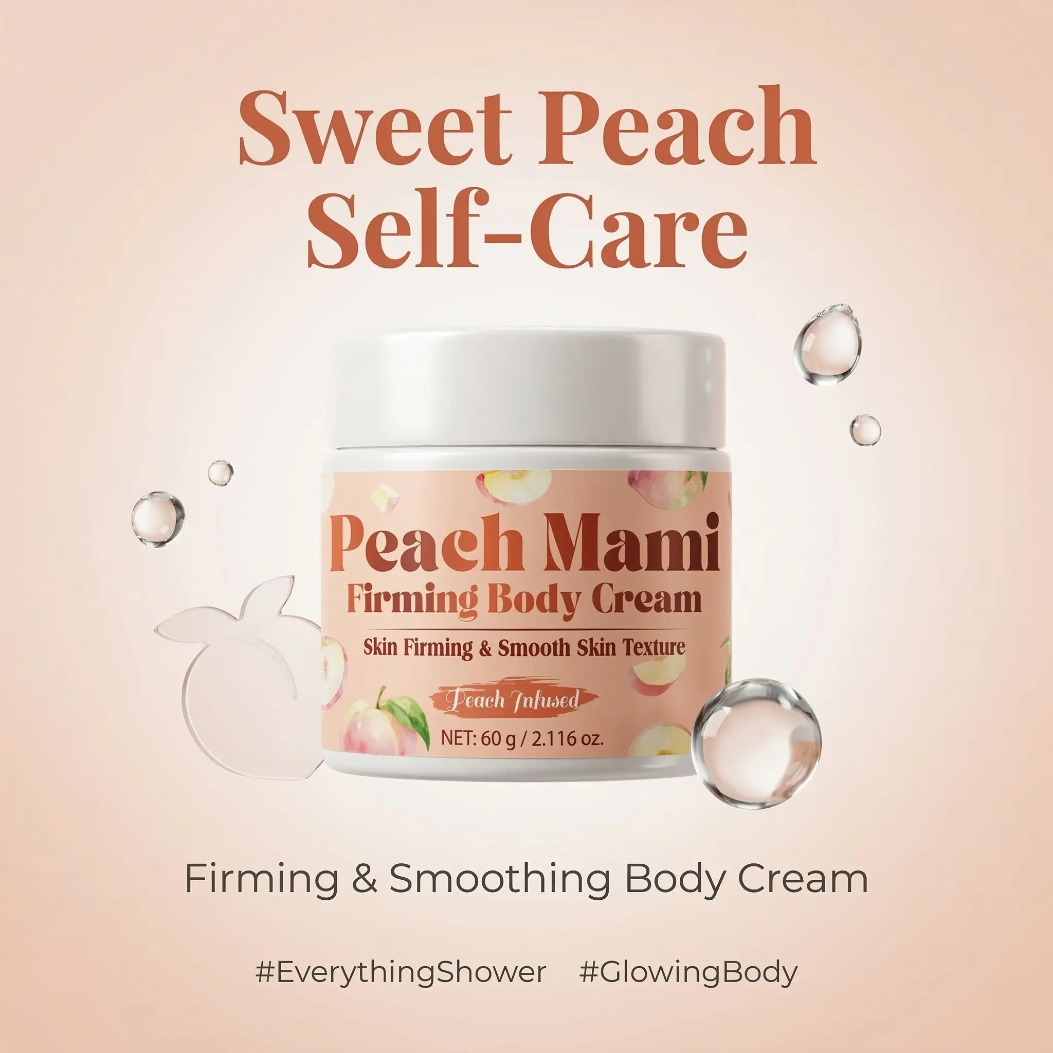 Firming Body Cream with Peach Infusion for Moisture Lock & Silky Smooth Texture | Lightweight Body Care with Peach Fragrance, 60g, Moisturizing, Belly, Arms, Body Balm