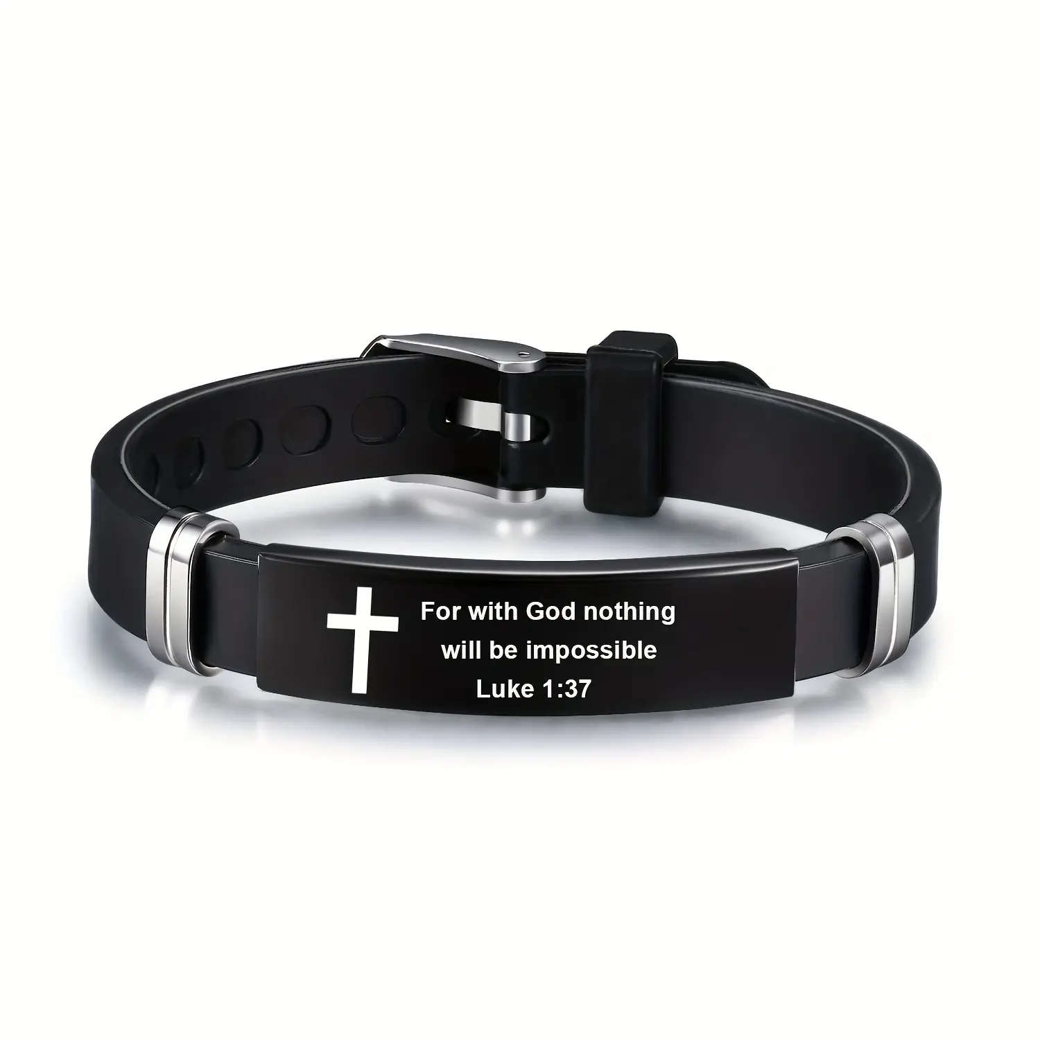 Stainless Steel Bible Bracelet with an Adjustable Black Strap, Featuring The Quote 'For with God Nothing Will Be Impossible' from Luke 1:37, a Stylish And Minimalist Men'S Bracelet