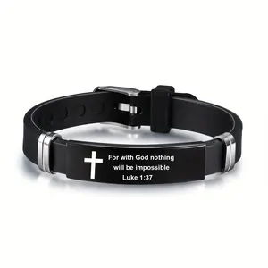 Stainless Steel Bible Bracelet with an Adjustable Black Strap, Featuring The Quote 'For with God Nothing Will Be Impossible' from Luke 1:37, a Stylish And Minimalist Men'S Bracelet