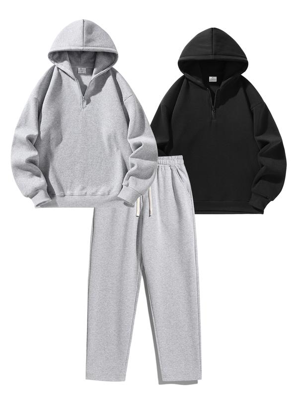 Men's Plain Two-piece Sweatsuit Set, Basic Regular Fit Casual Drop Shoulder Half Zip Hoodie & Pocket Drawstring Sweatpants, Men's Clothing