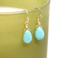 Natural Green Turquoise Teardrop-shaped Drop Earrings, Genuine Gemstones, Daily Earrings